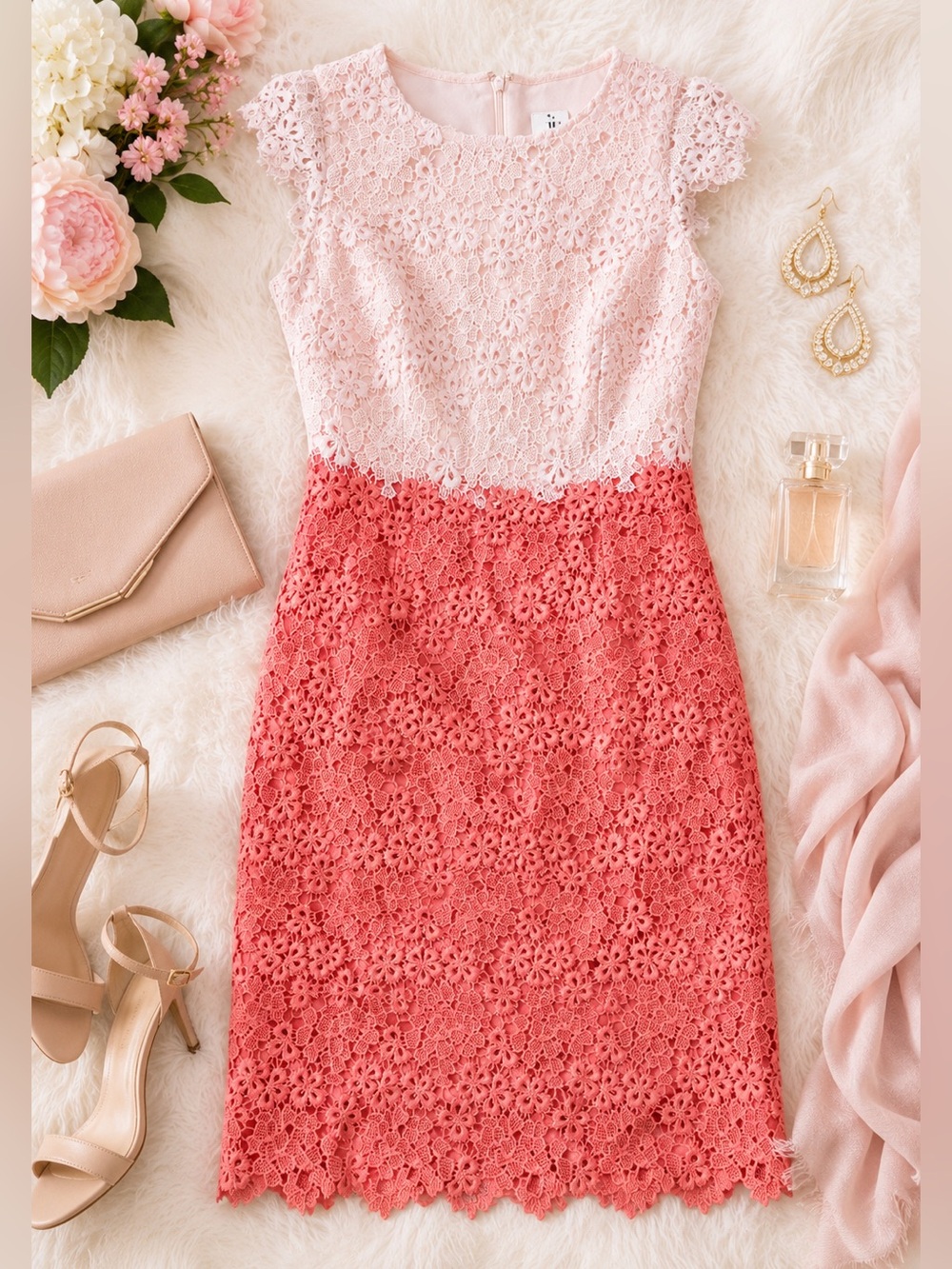 Julia Jordan Colorblock Lace Sheath Dress Pink Coral Size 2 Wedding Cocktail